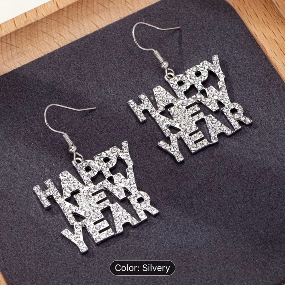 Silver tone 'Happy New Year' Earrings